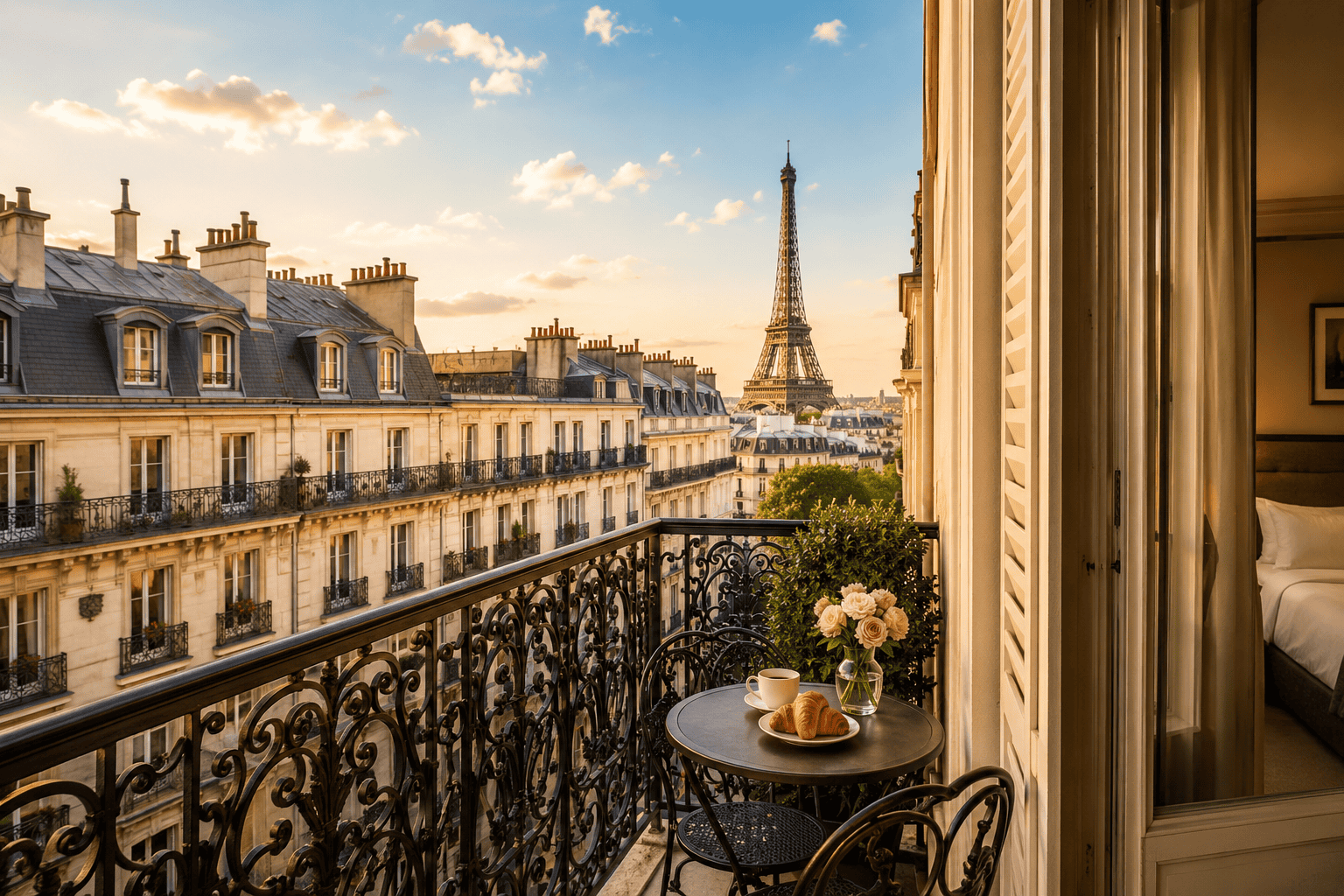 Parisian balcony with Eiffel Tower view