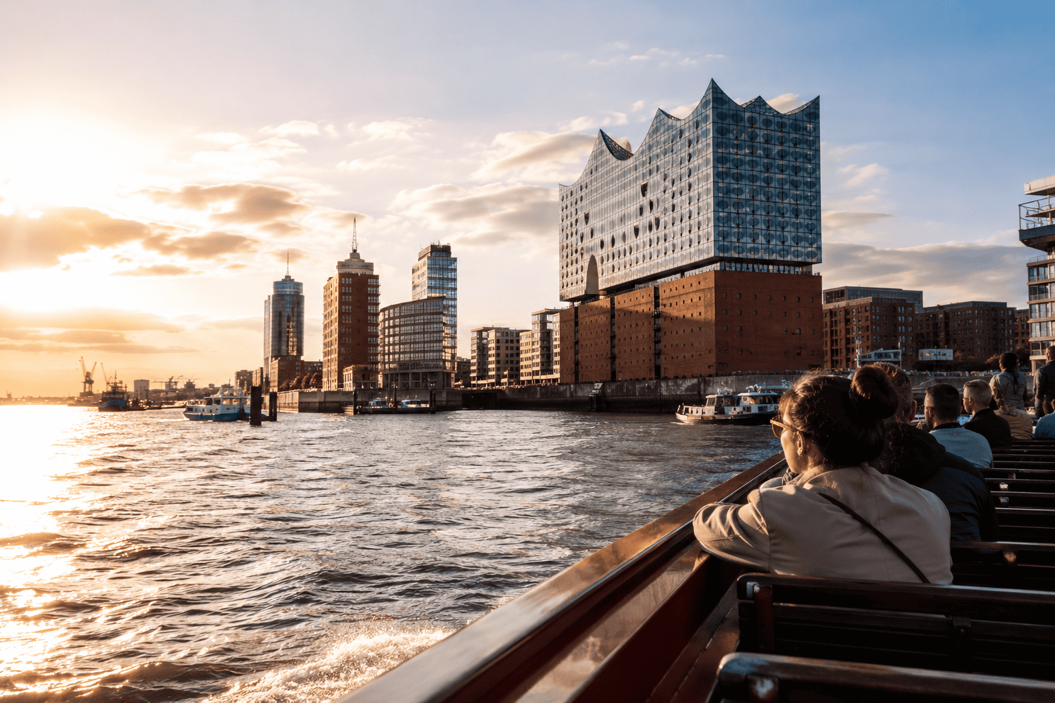 Hamburg harbor waterfront at sunset