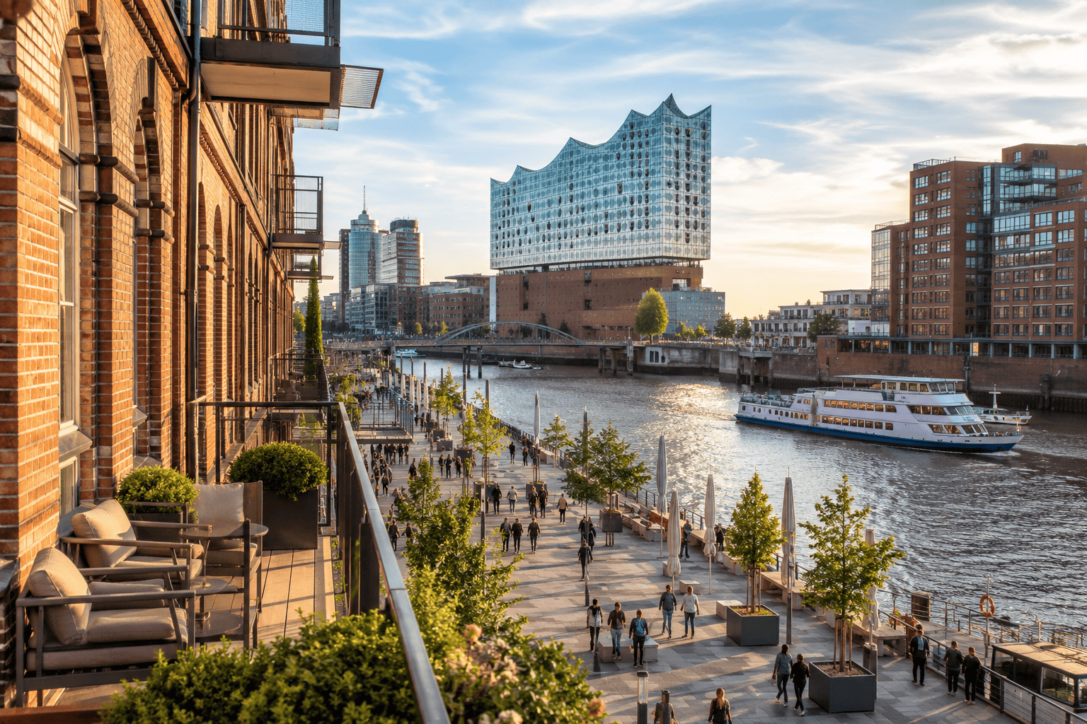Hamburg waterfront cityscape at golden hour