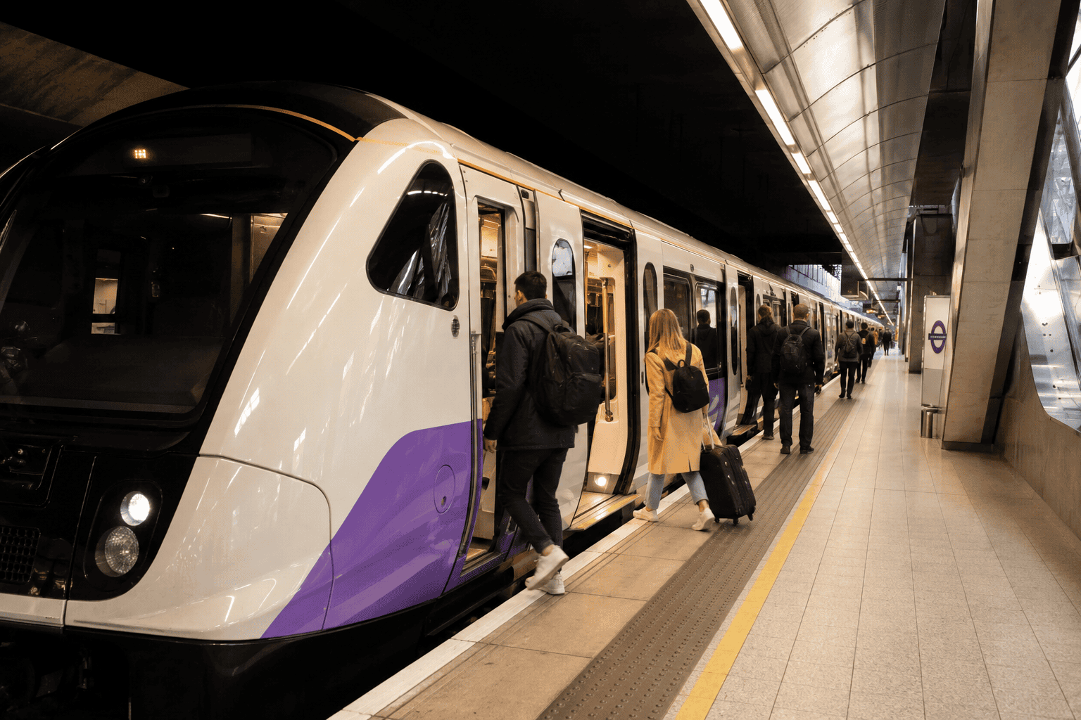 Modern station with purple train and commuters