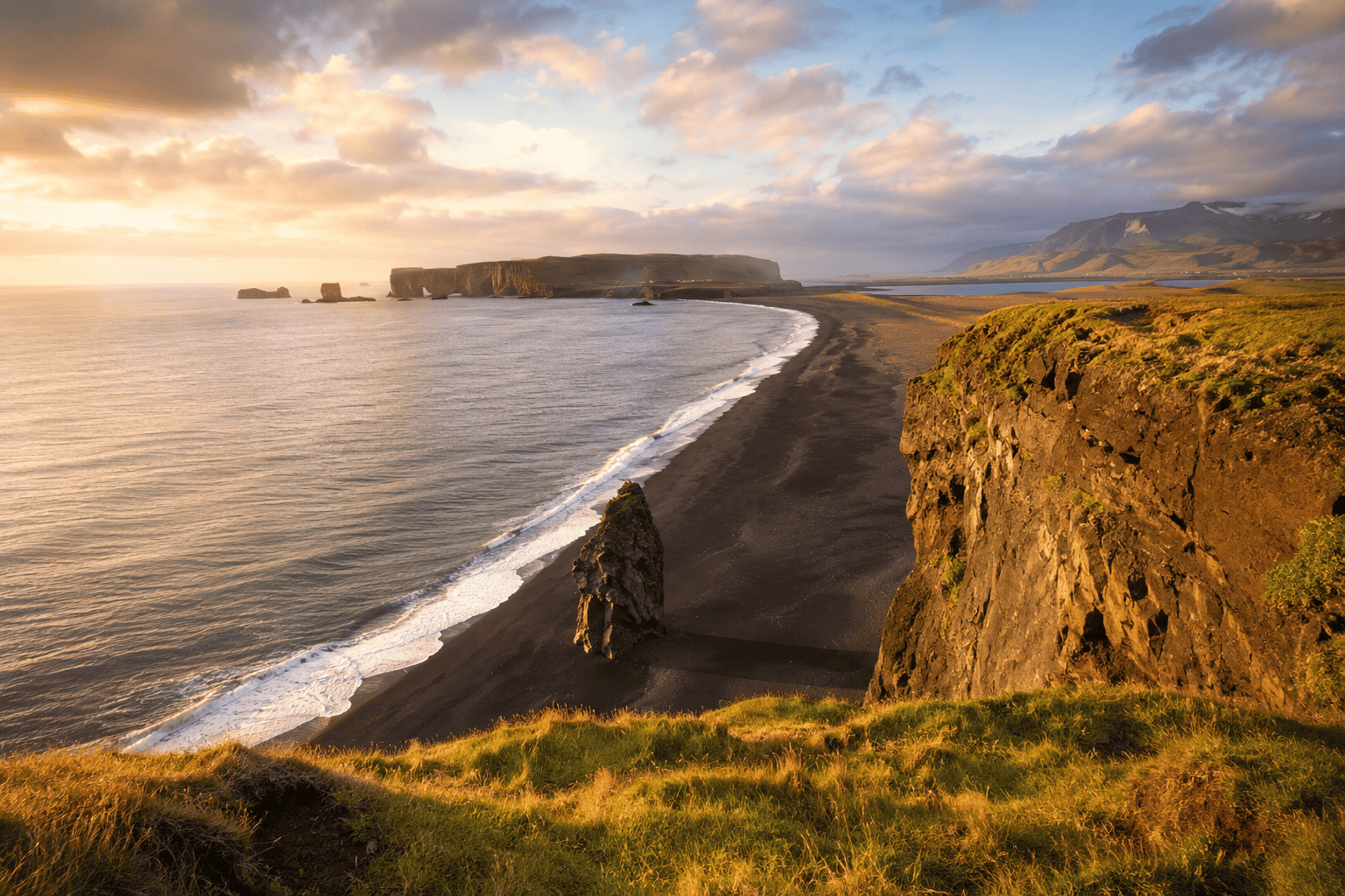 Iceland coastal road trip scenery at golden hour