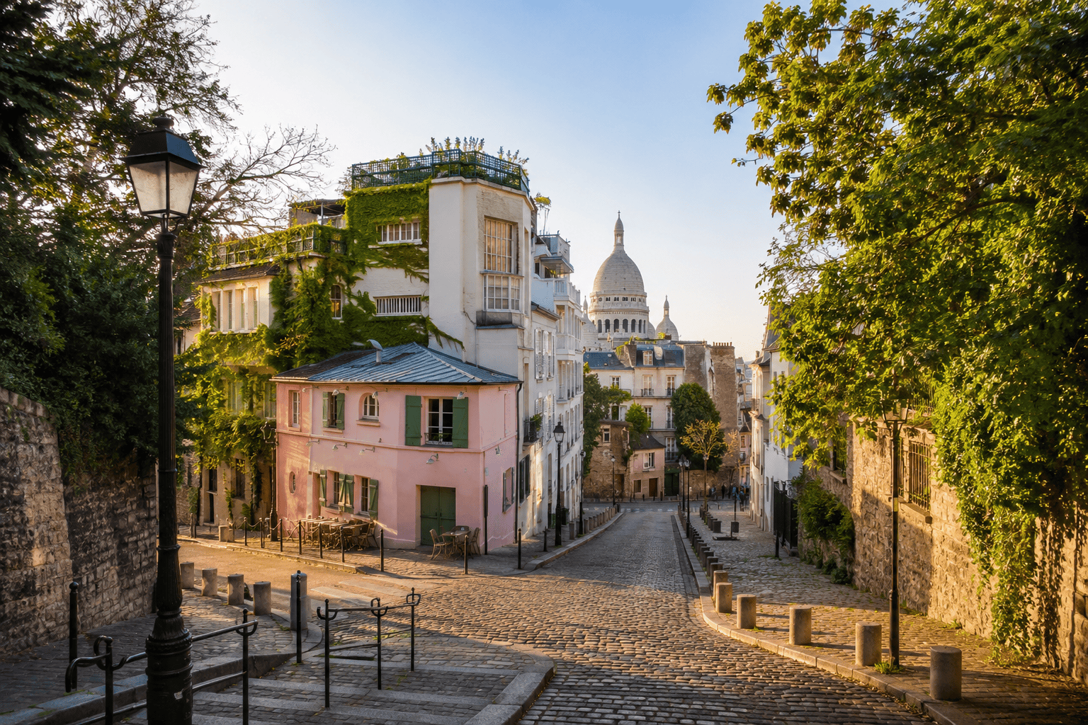 Charming Parisian street bathed in sunlight