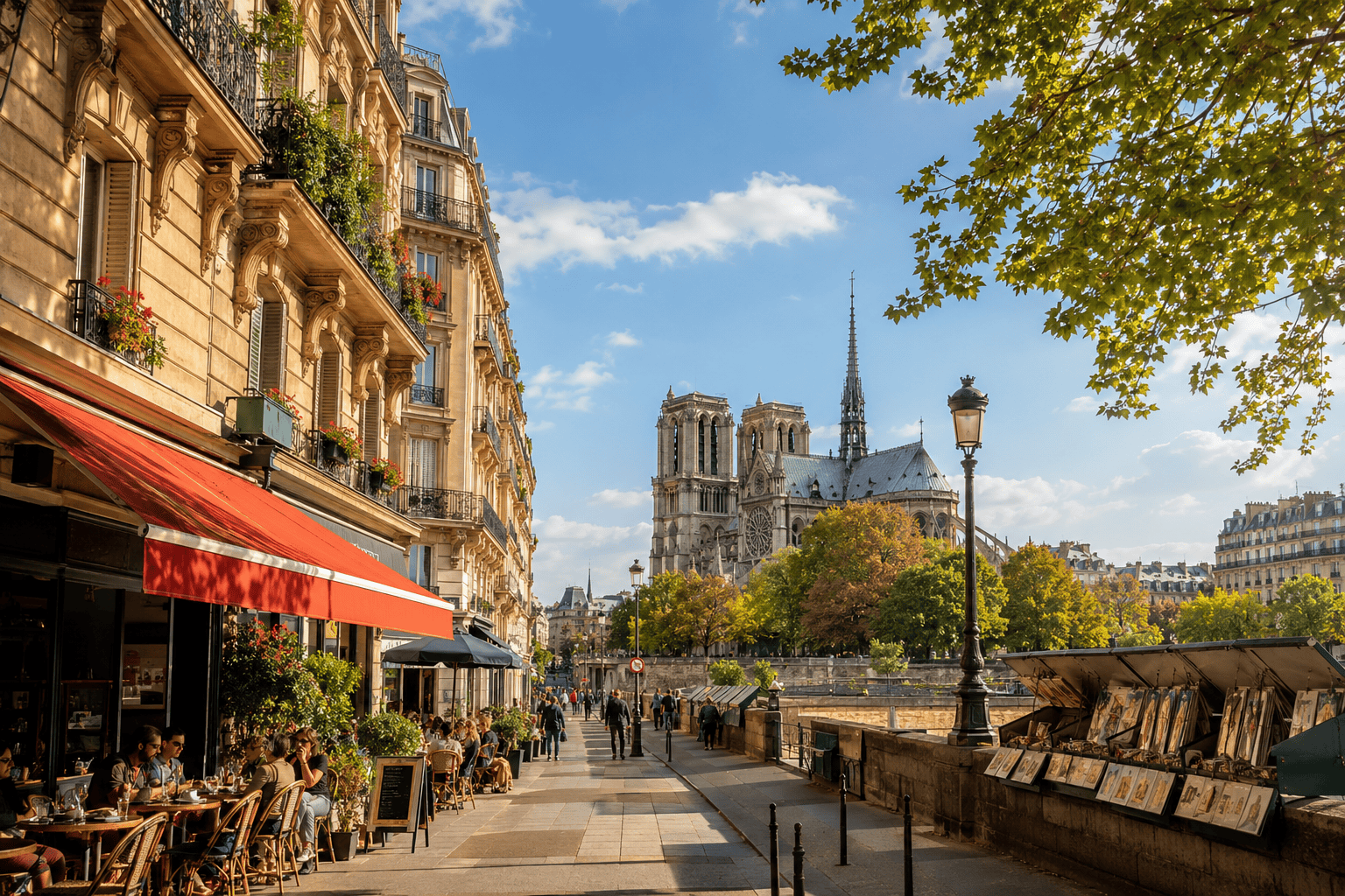 Sunny Paris street with riverside charm