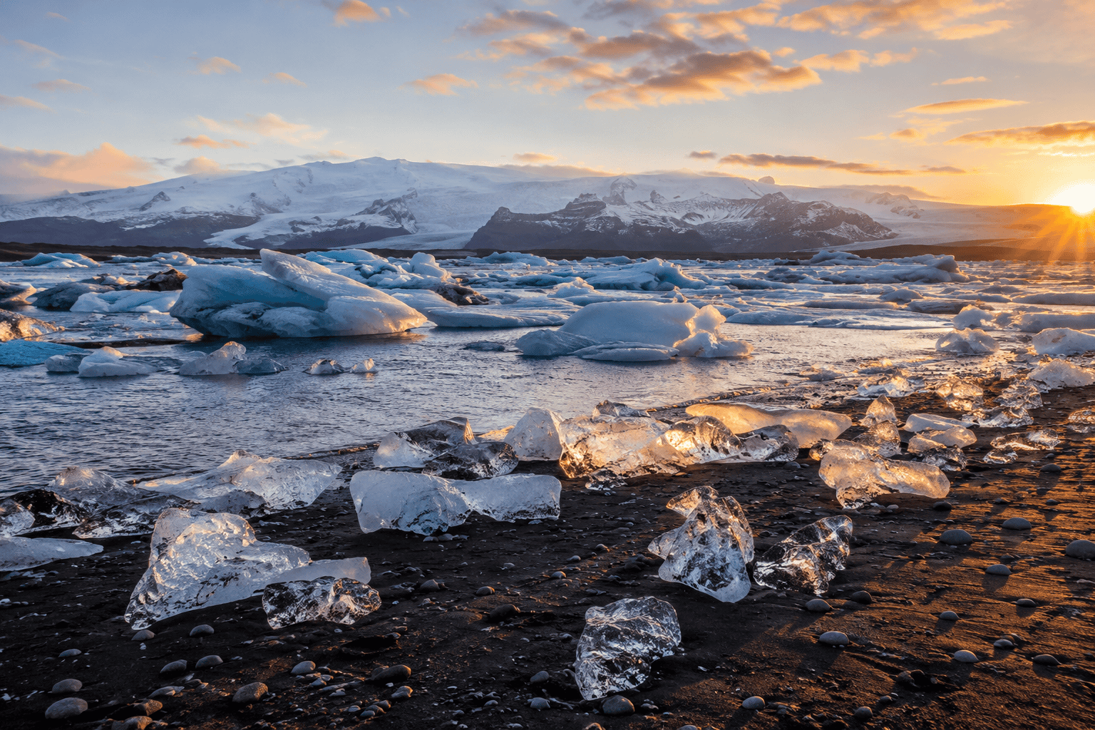 Golden hour on an icy beach