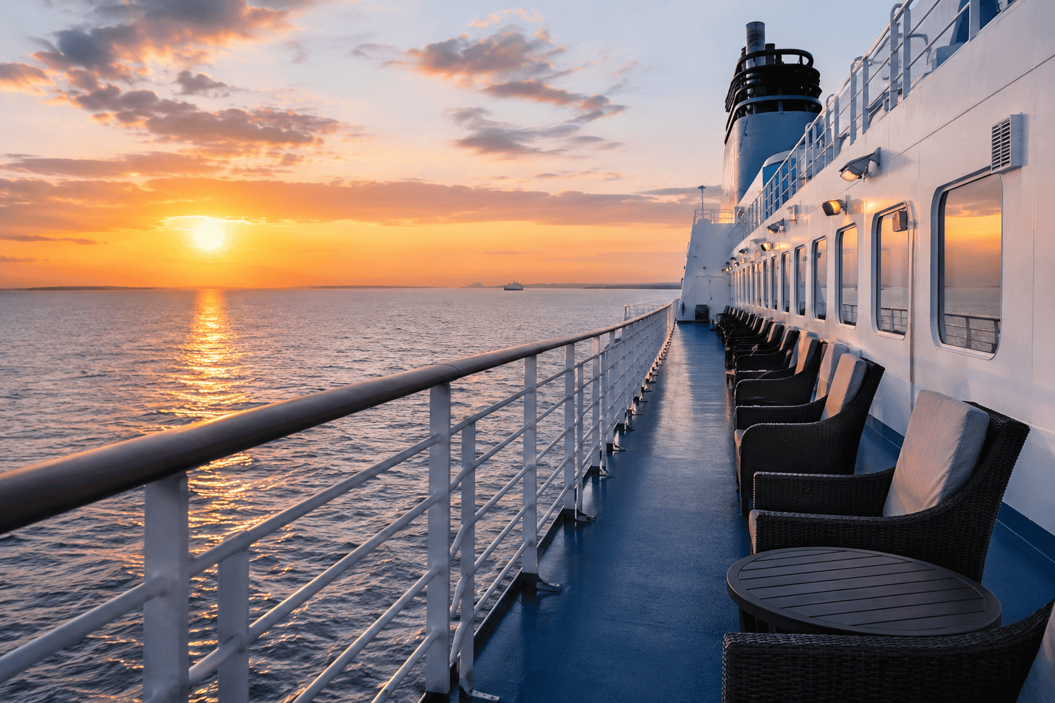 Generated image: Serene sunset view from ship deck