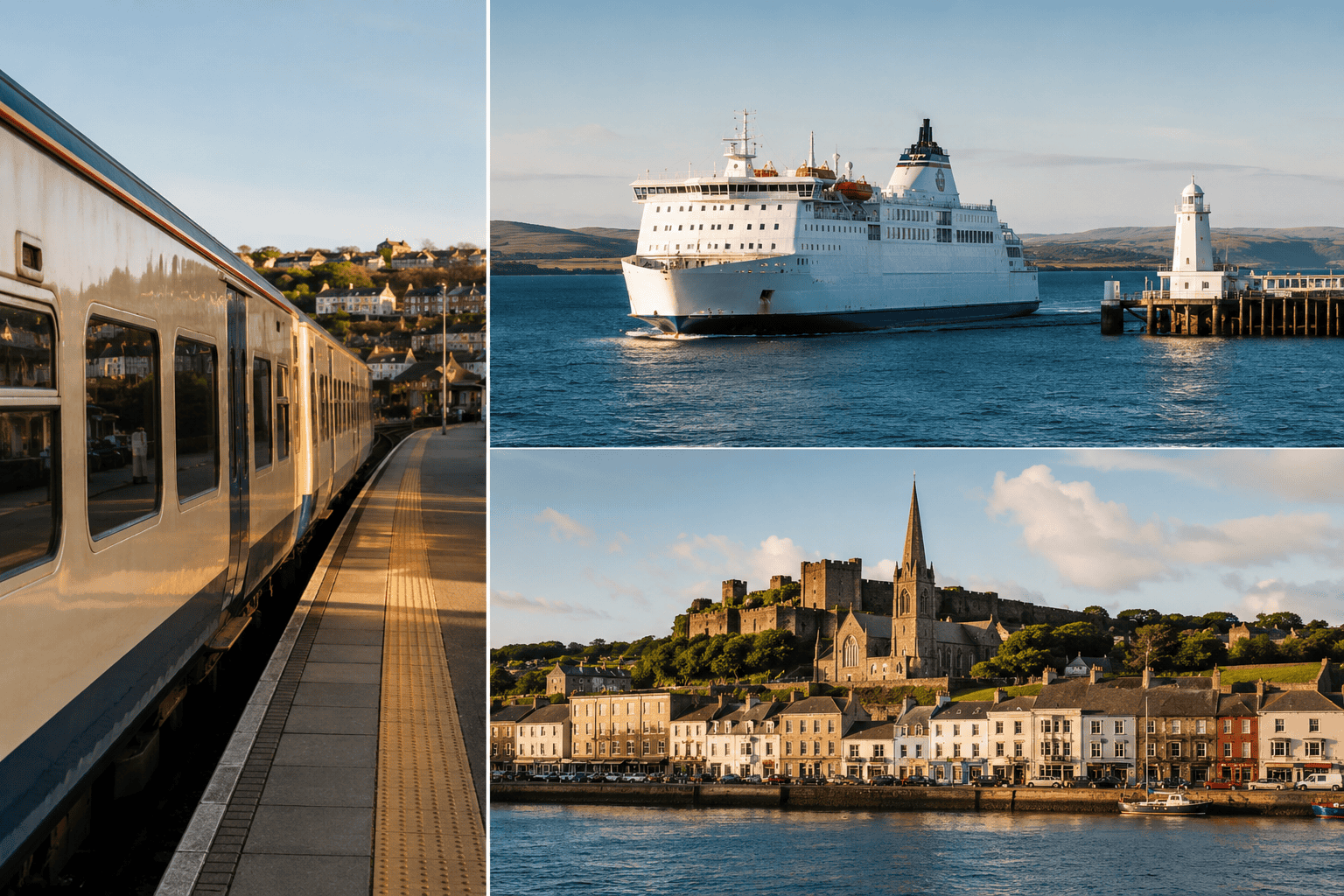 Generated image: Golden hour journey by rail and sea