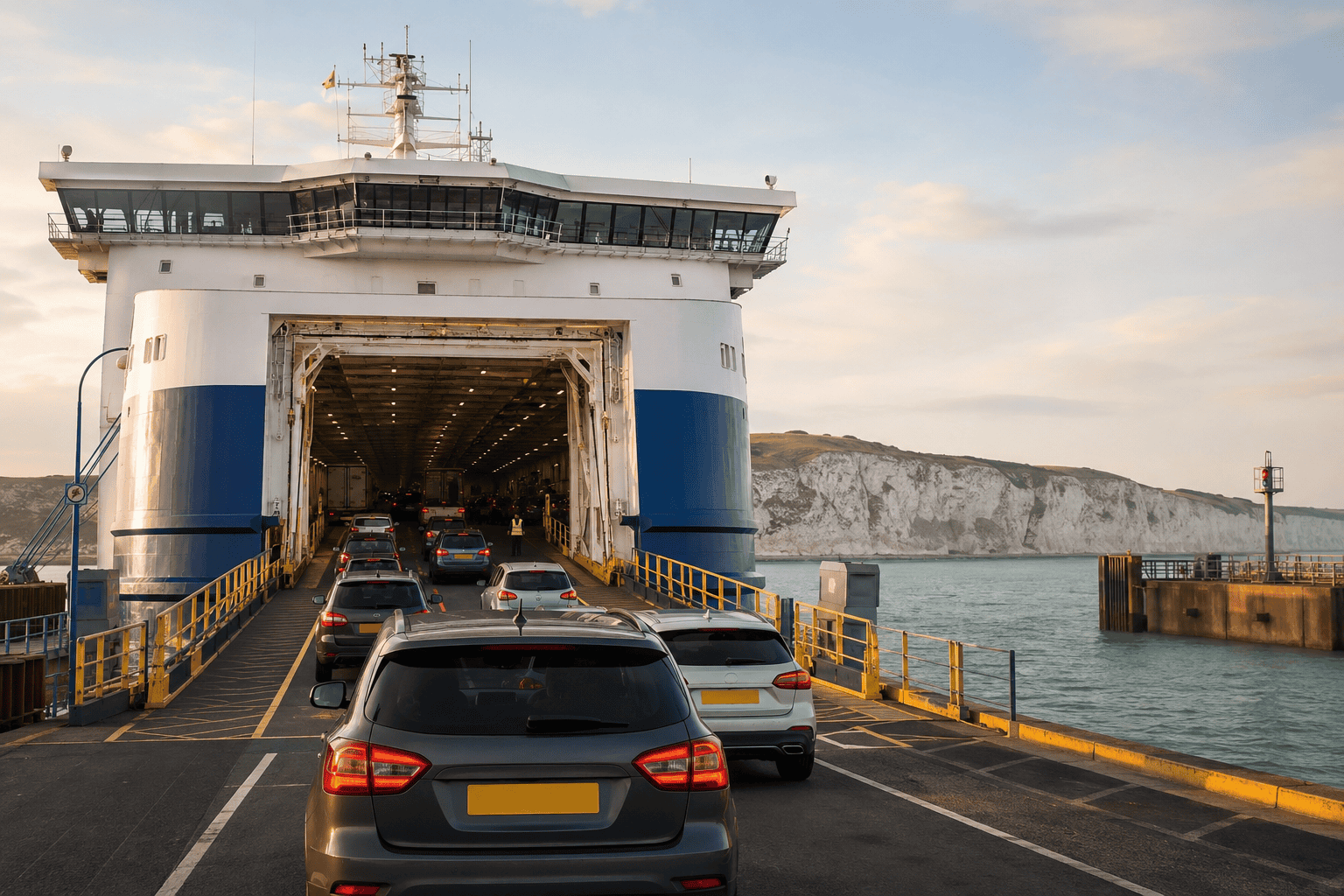 Generated image: Vehicles boarding a ferry at dock