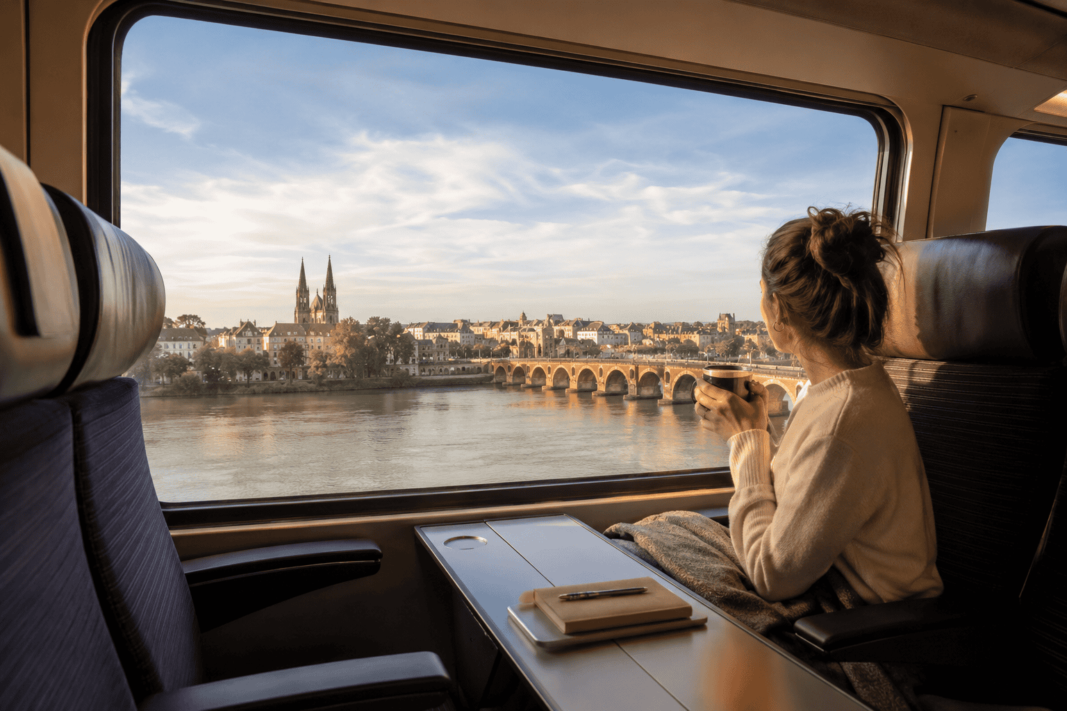 Scenic train ride beside a riverside town