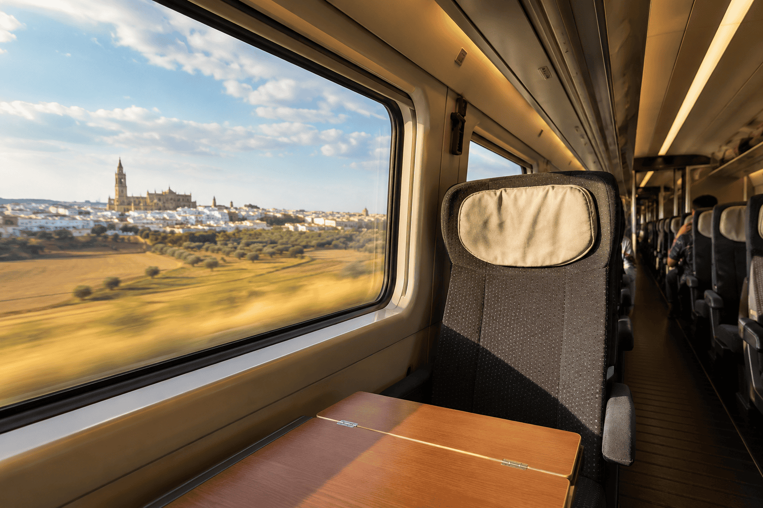Modern train interior with scenic view