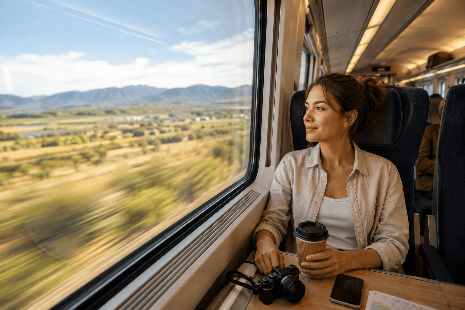 Serene train ride with a scenic view