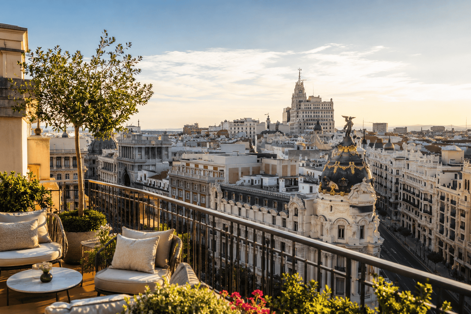 Madrid rooftop city view at sunset