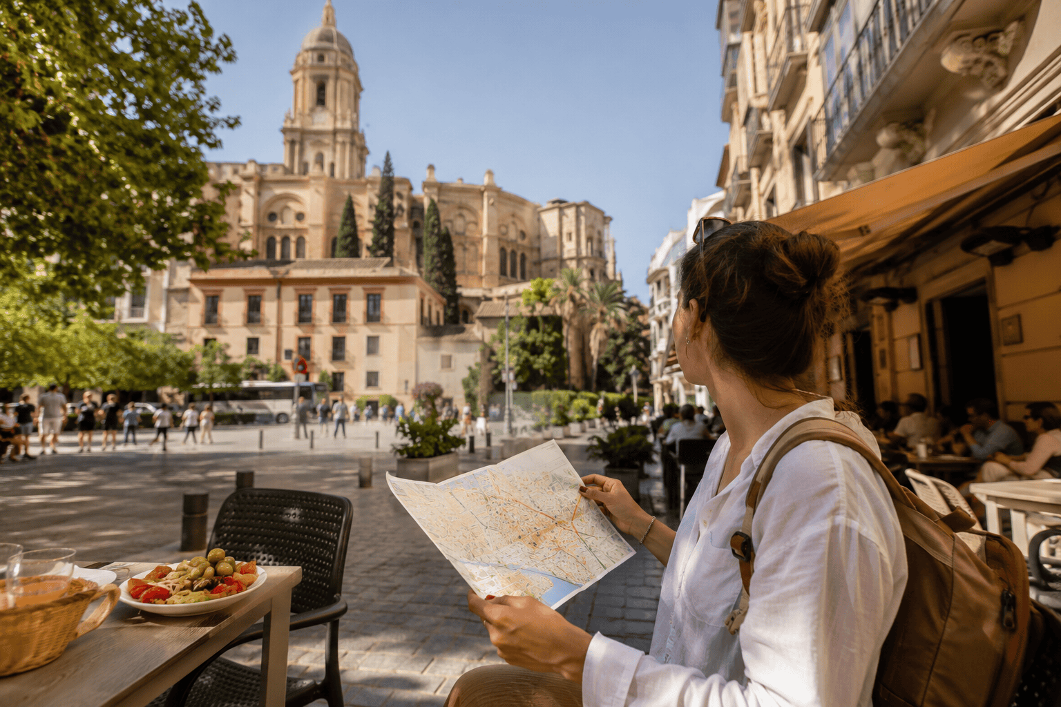 Tourist exploring historic European plaza