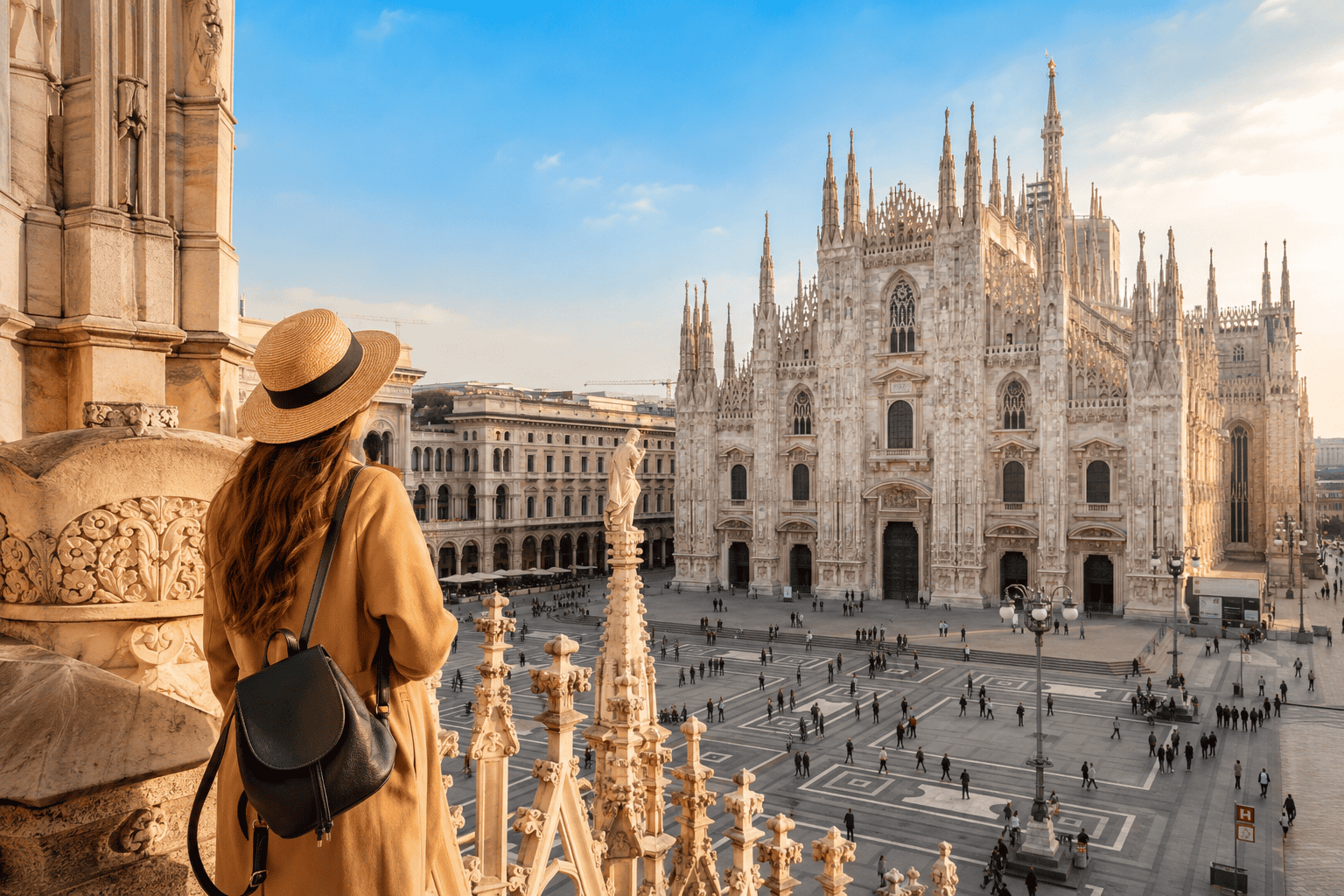Milan Cathedral rooftop and city skyline