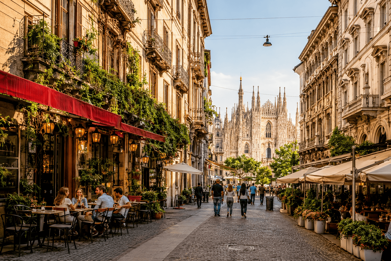 Golden hour street view near Milan Duomo