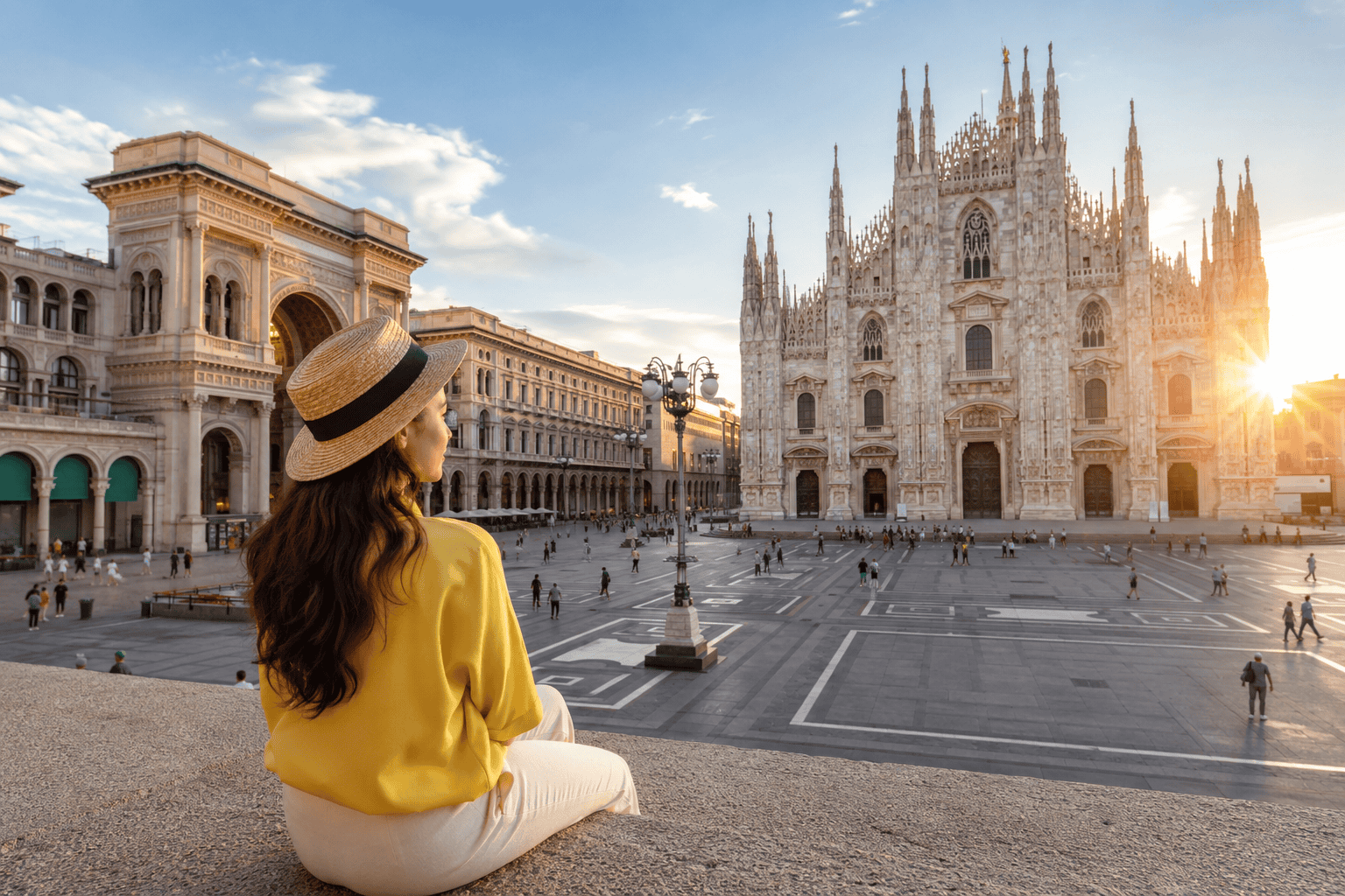 Golden hour view of a Milan piazza