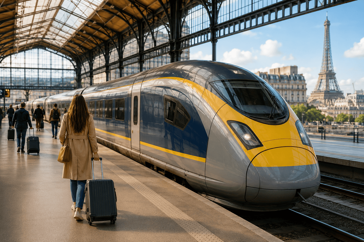 Paris to London train travel at a busy station