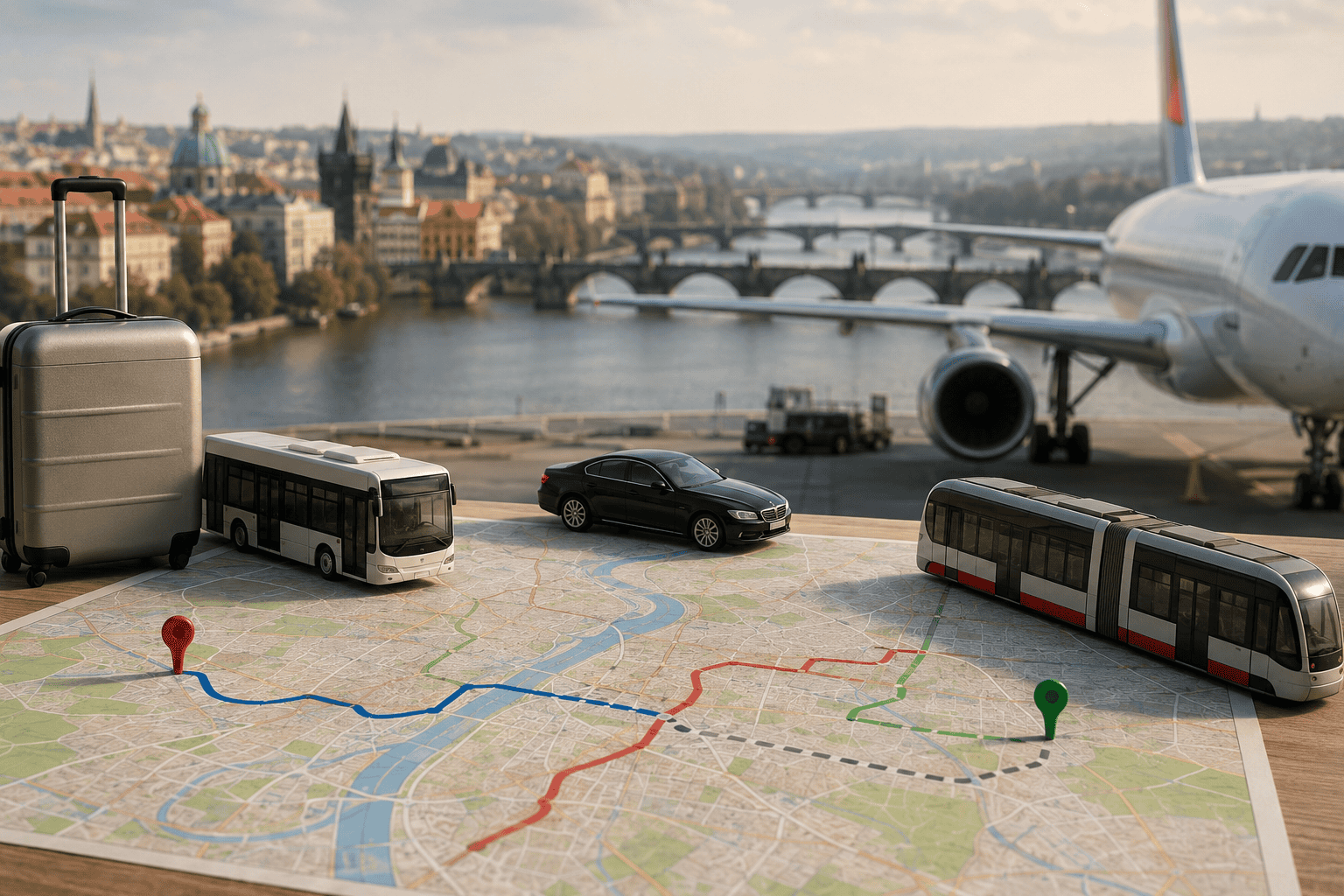 Travel route planning with cityscape backdrop