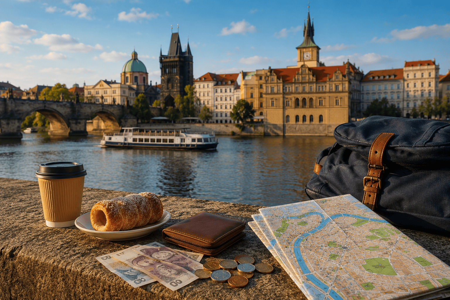 Riverside café stop with travel essentials