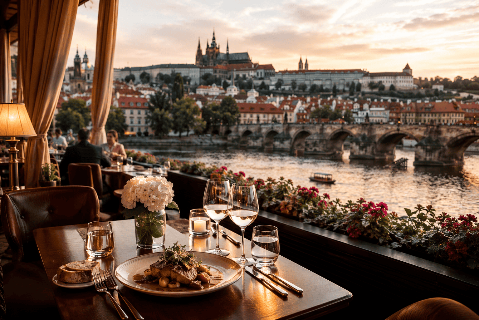 Riverside dining at sunset in Prague
