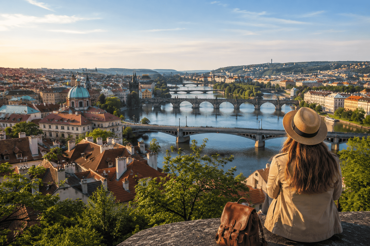 View across Prague at golden hour