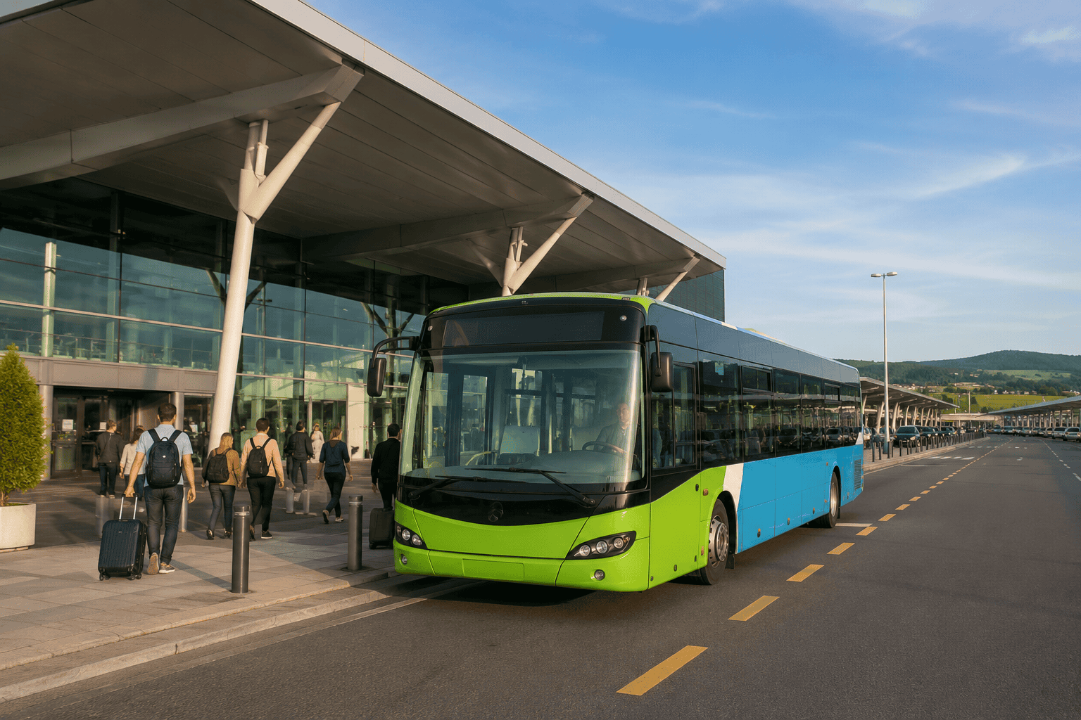Airport shuttle stop with travelers