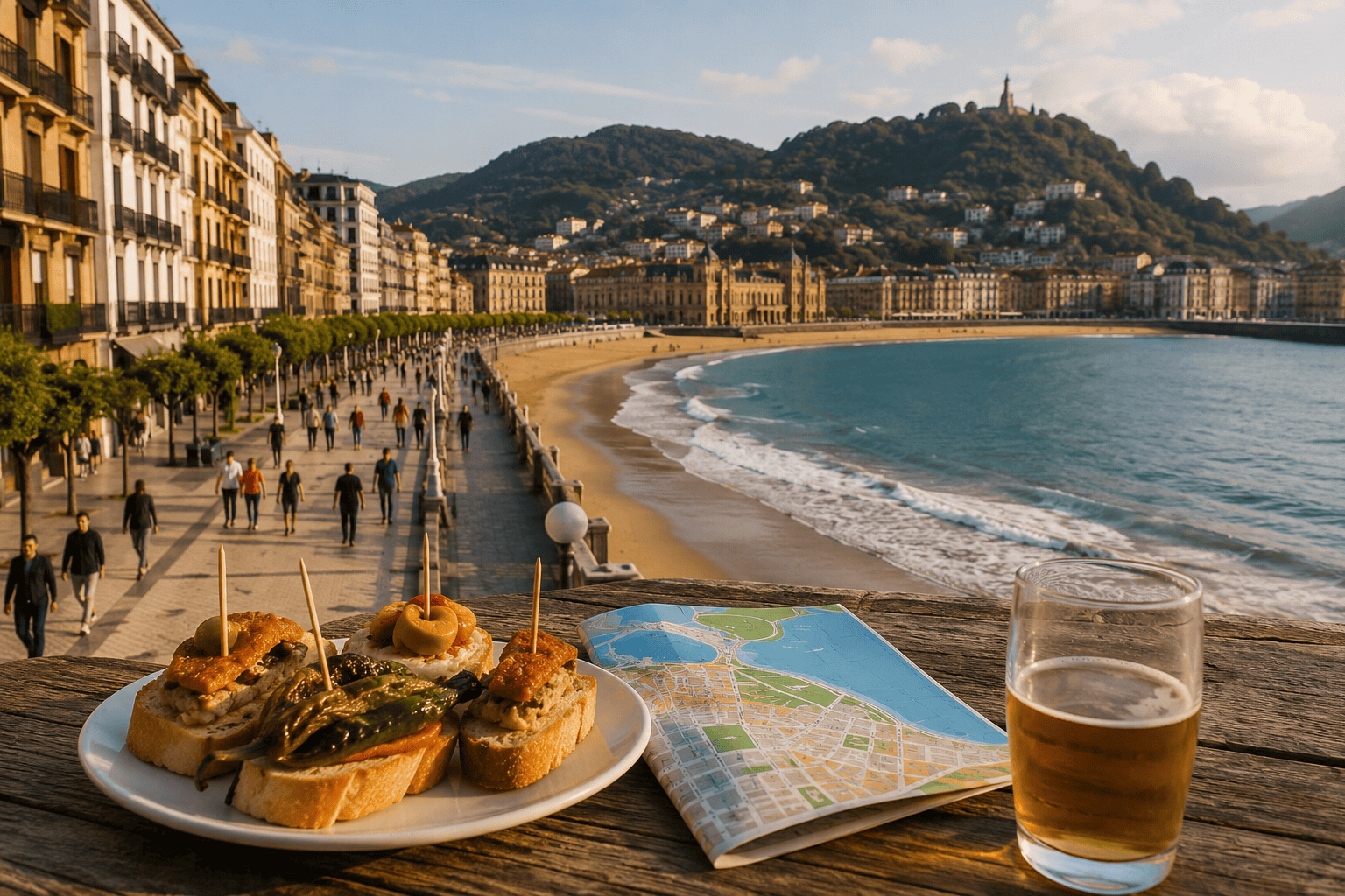 Seaside promenade with tapas and drinks