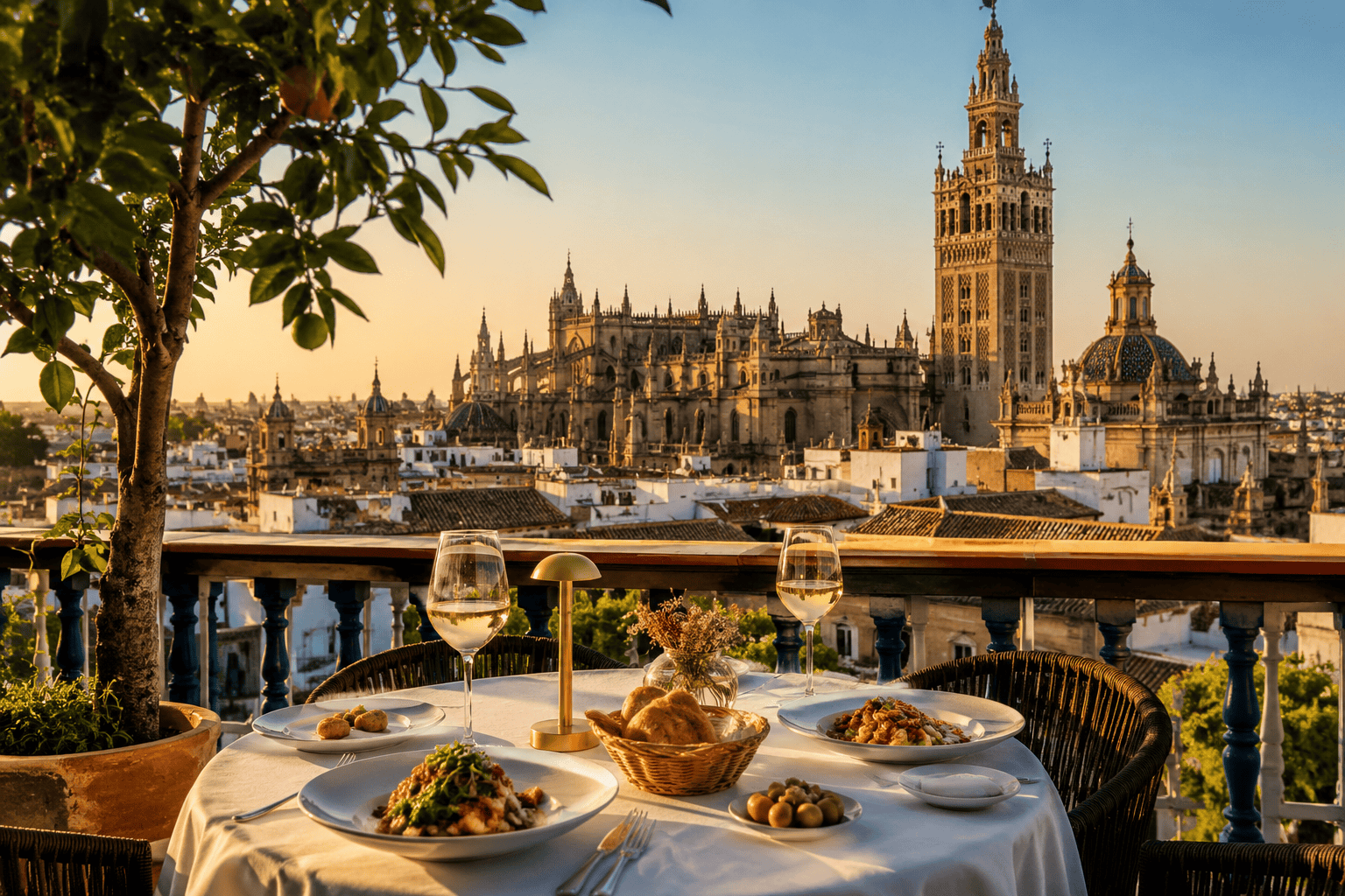 Golden hour dining with a city view