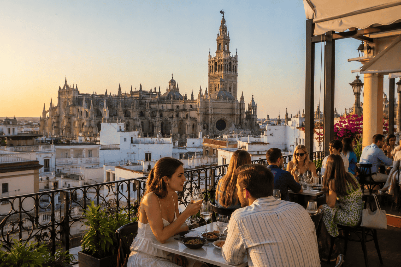 Rooftop dining with cathedral views at sunset
