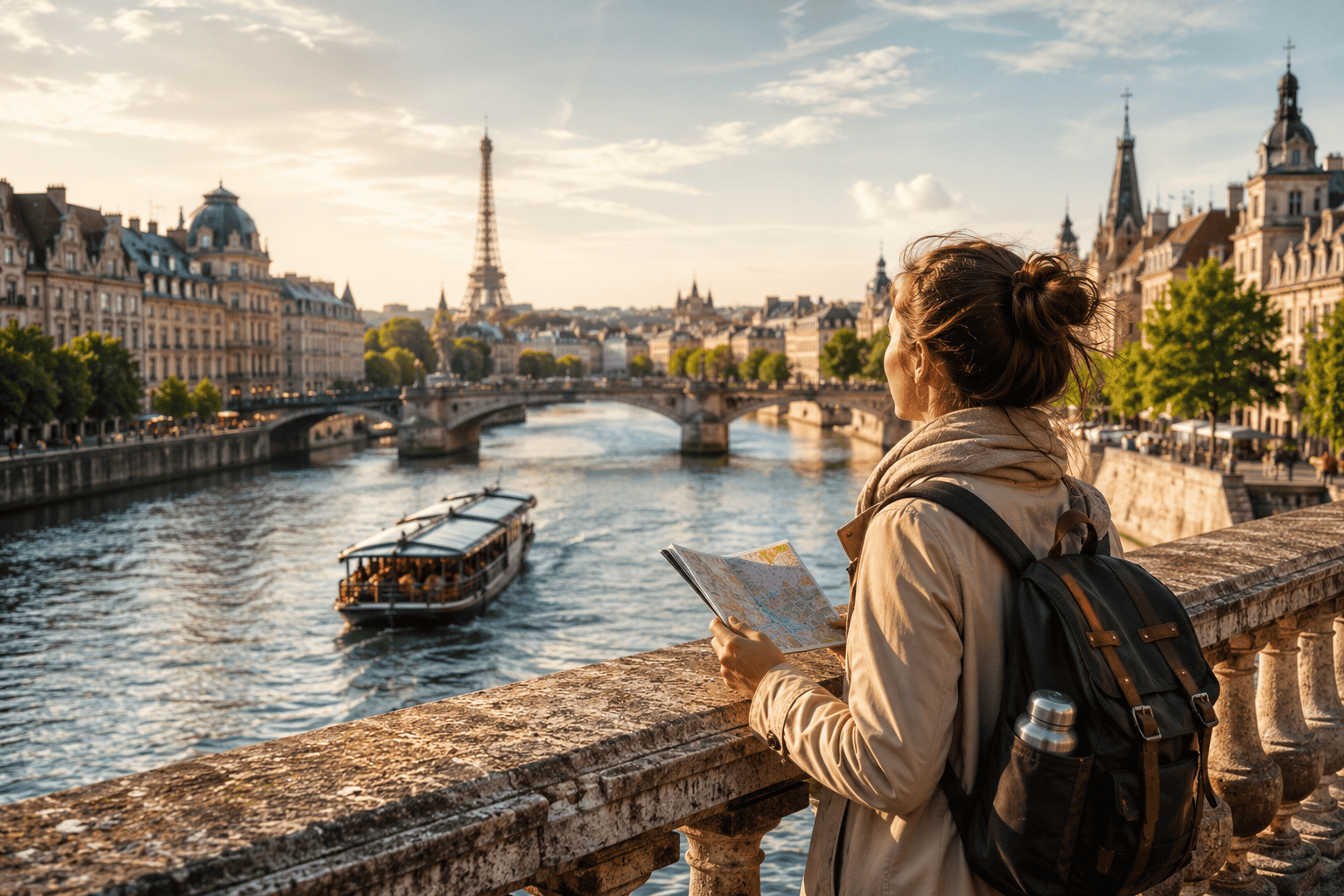 Solo traveler enjoying a European riverside destination at sunset