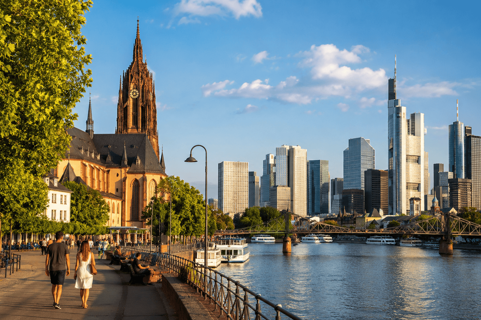 Riverside stroll near Frankfurt Cathedral