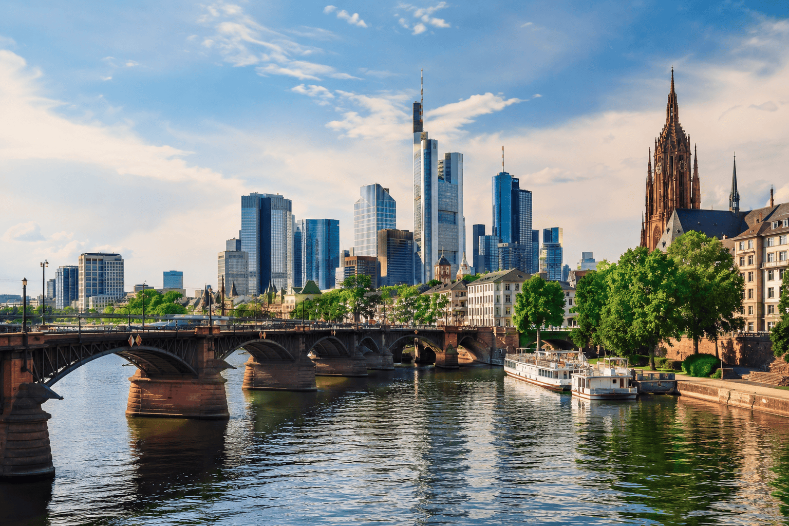Historic bridge and modern Frankfurt skyline view