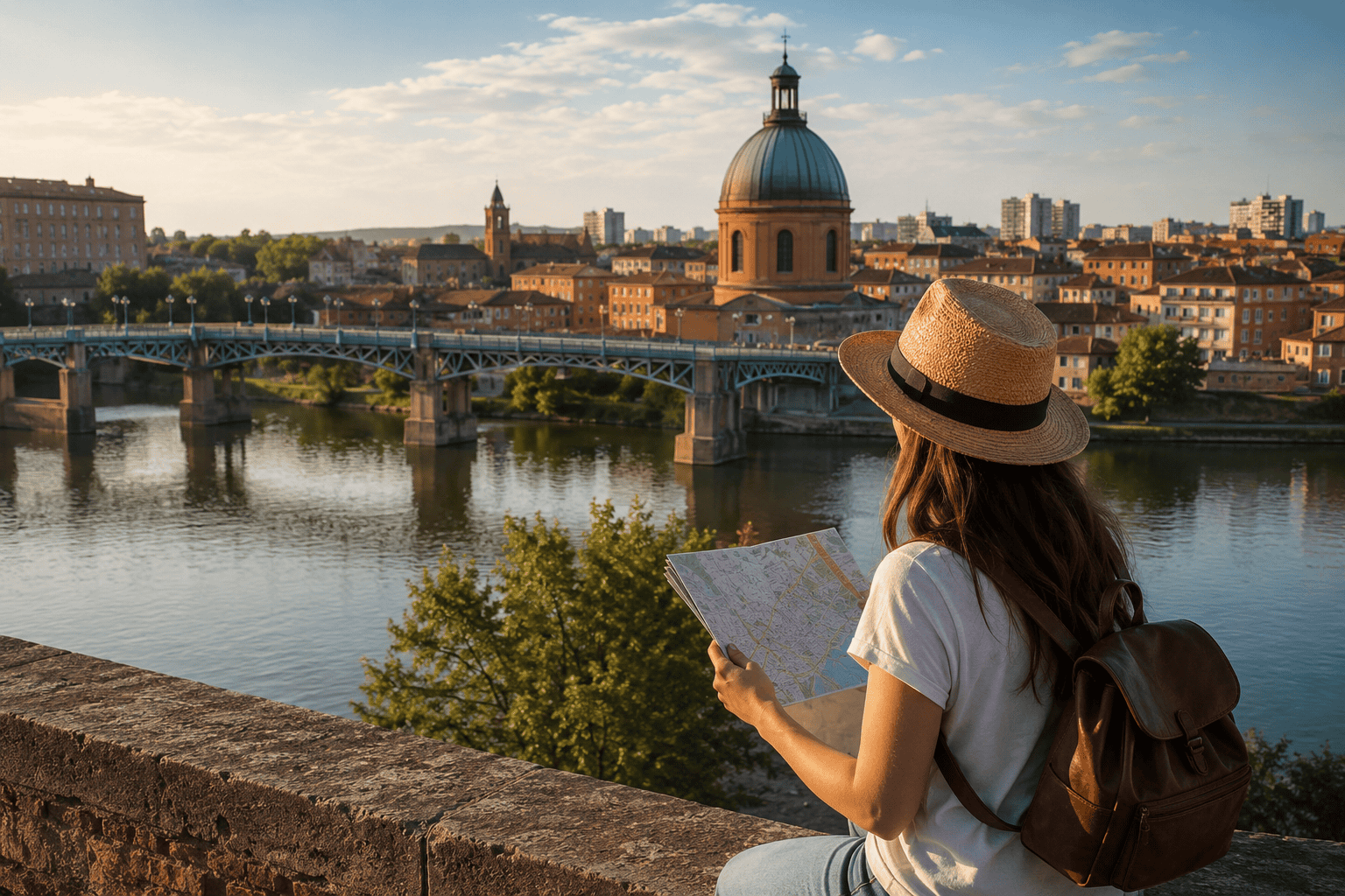 Contemplative traveler by the river