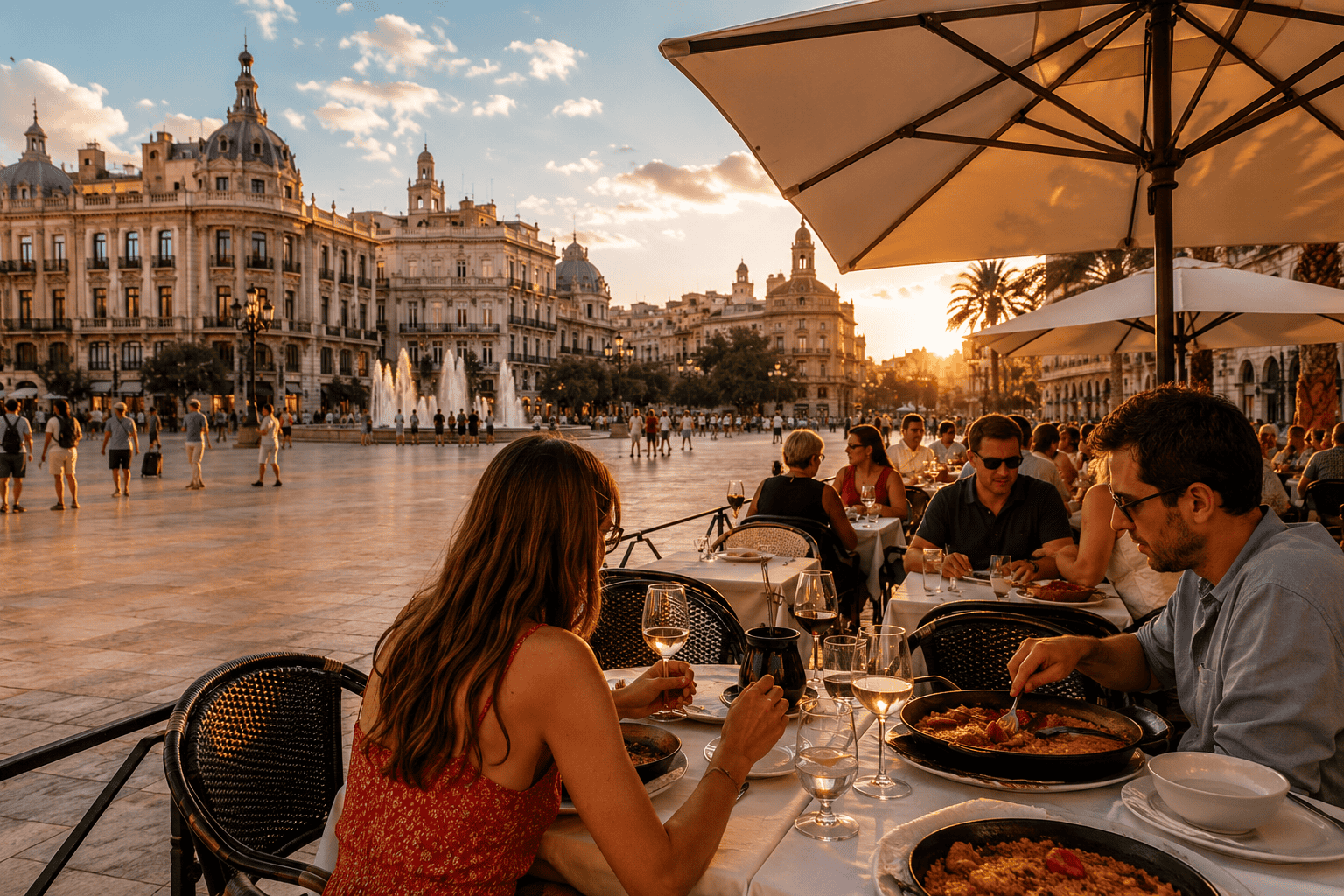Golden hour café in European plaza