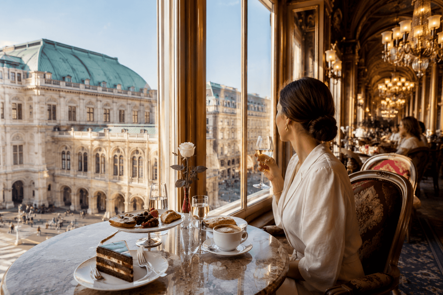 Elegant Vienna café with a historic city view