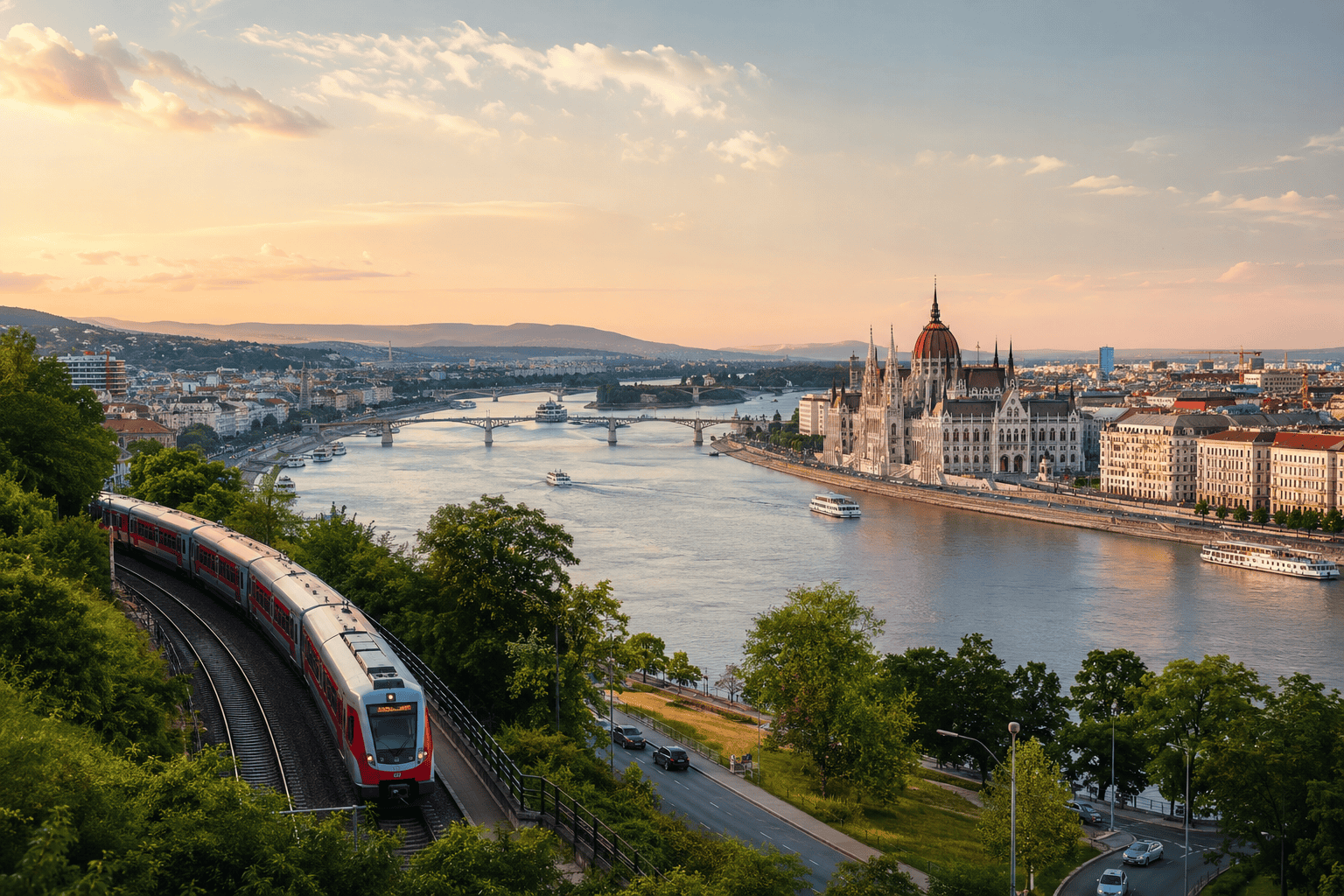 Panoramic sunset view of a city river