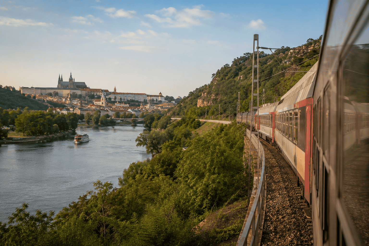 Scenic train ride through a river valley