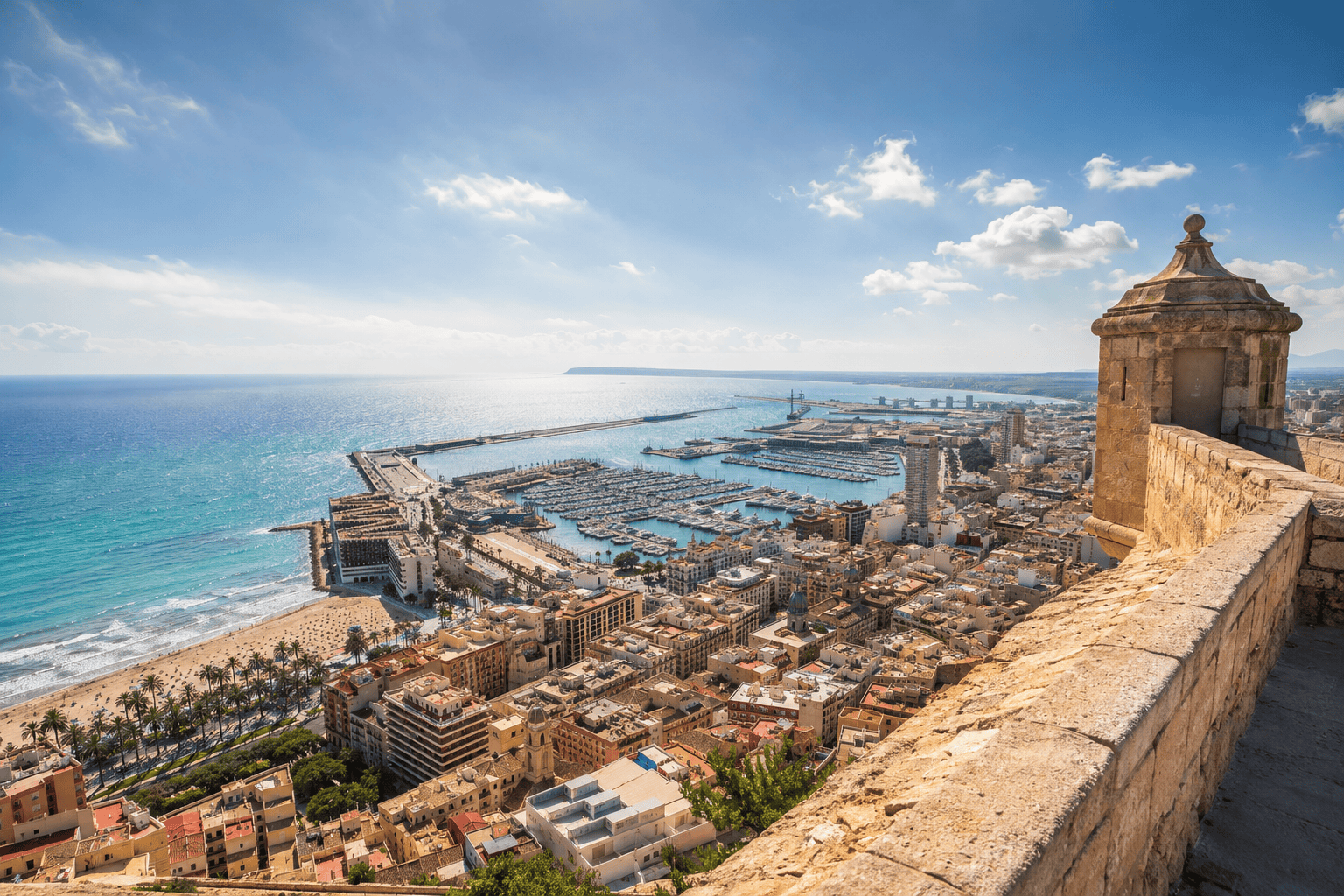 Mediterranean coastal cityscape in Alicante from a fortress viewpoint