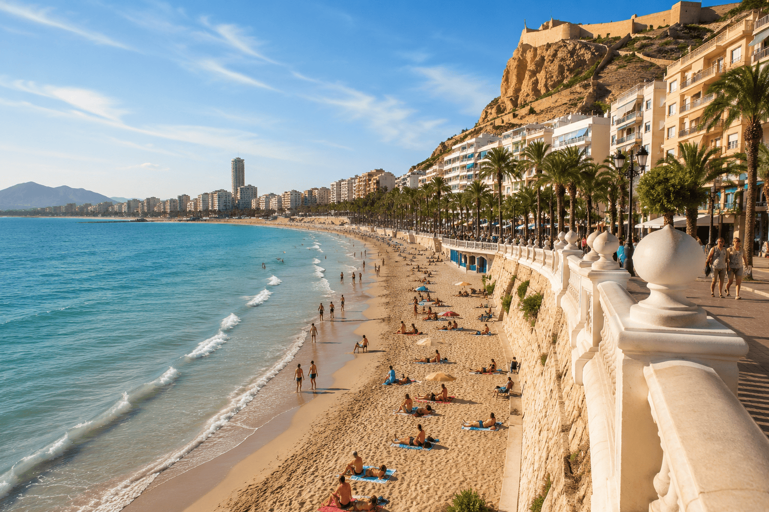 Alicante beach and promenade near the seafront edge