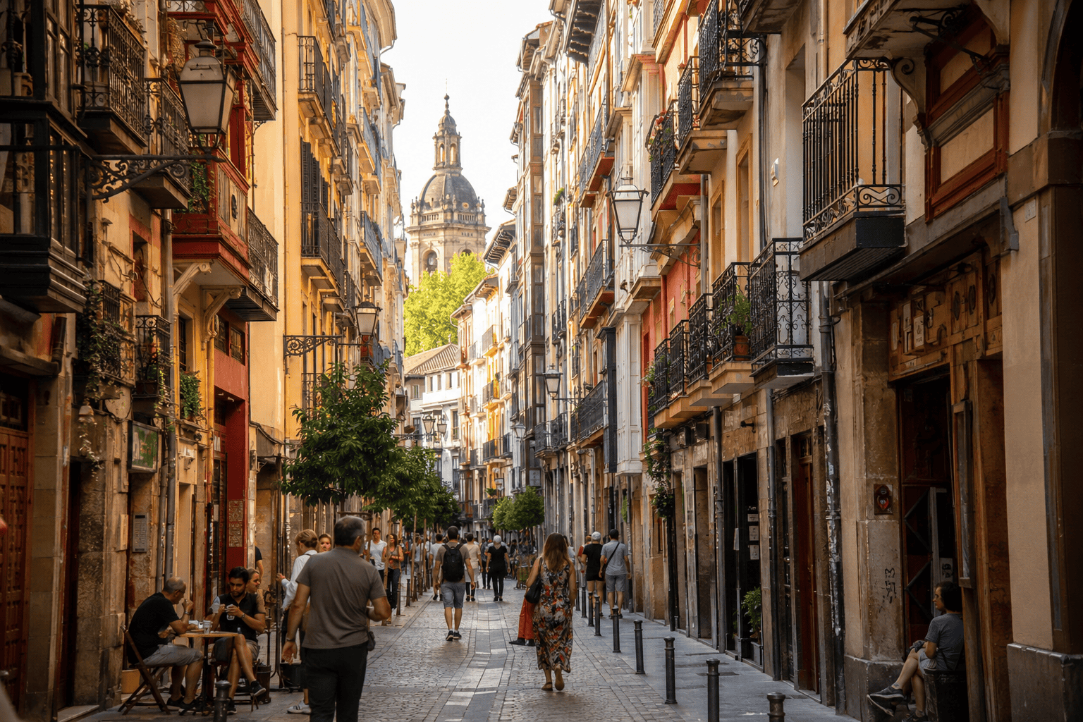 Sunlit European street with cafés and balconies