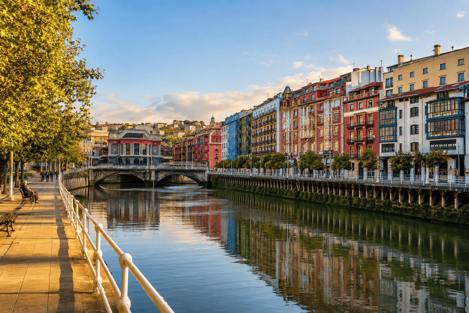 Serene riverside cityscape at sunset