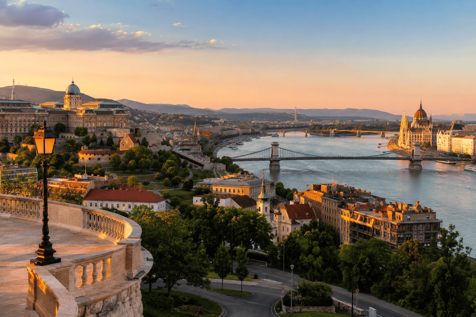 Budapest skyline and Danube River at sunset