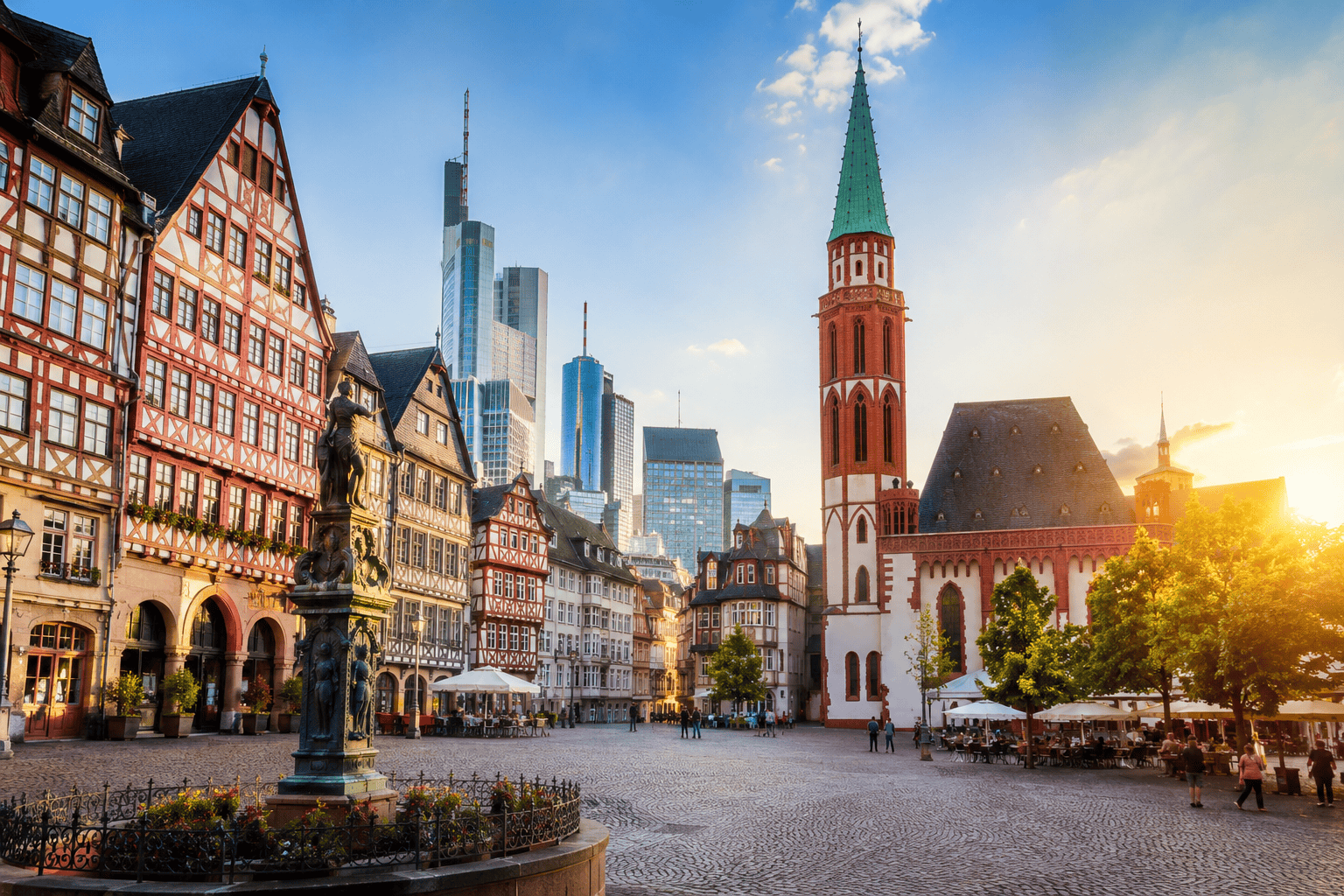 Historic square in Frankfurt Altstadt at golden hour