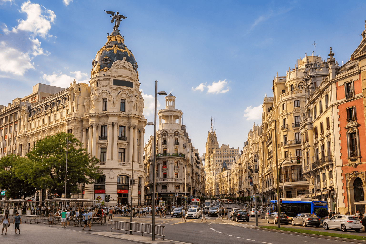 Sunlit European avenue bustling with life