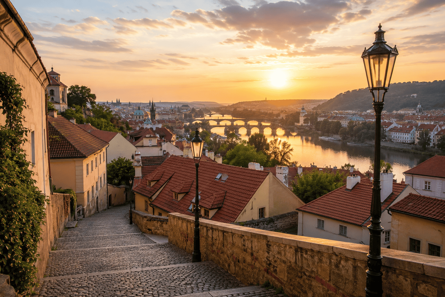 Golden hour view over Prague and the Vltava River