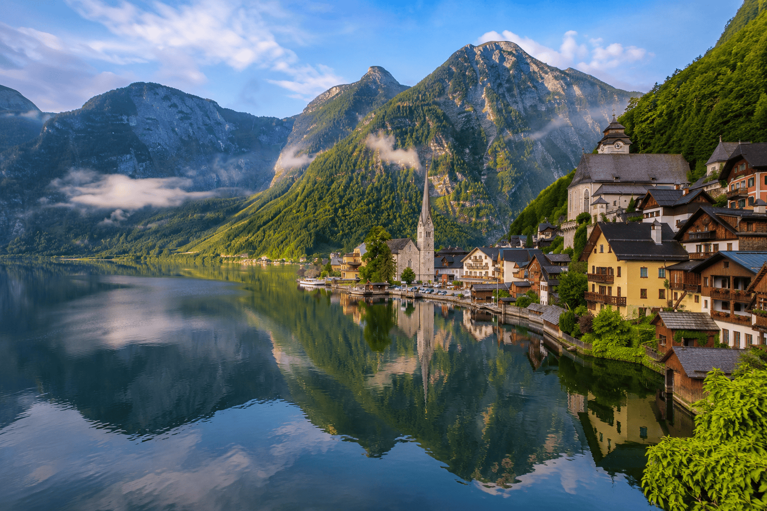Generated image: Alpine village by serene lake