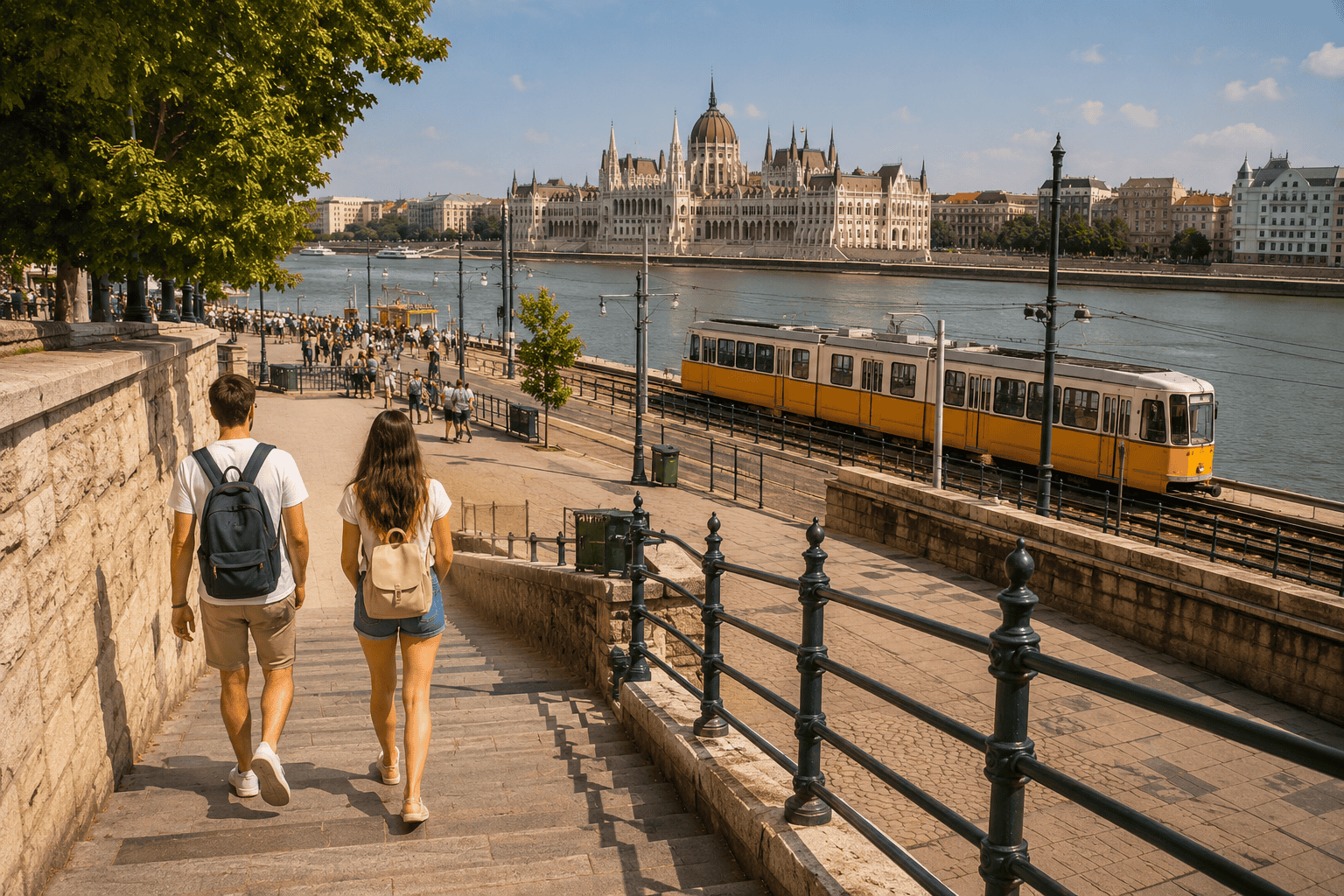 Generated image: Riverfront promenade with tram and pedestrians