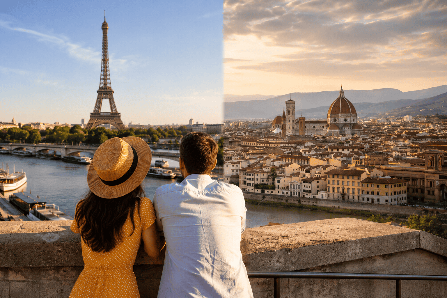 Generated image: Sunset views of Paris and Florence