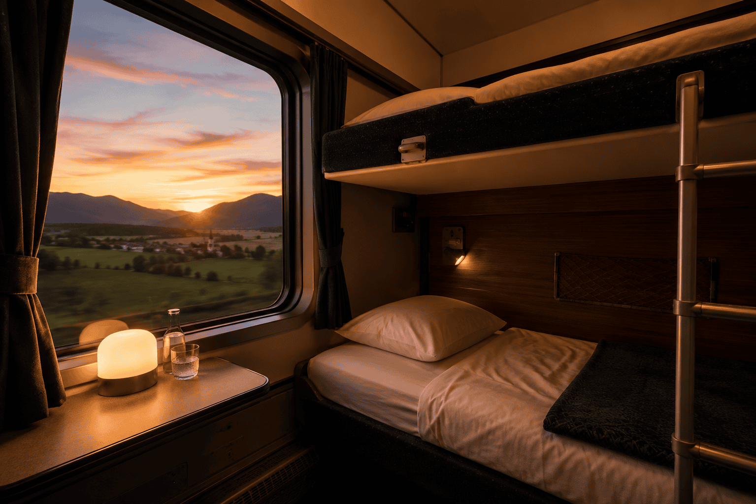 Generated image: Cozy train sleeper at sunset