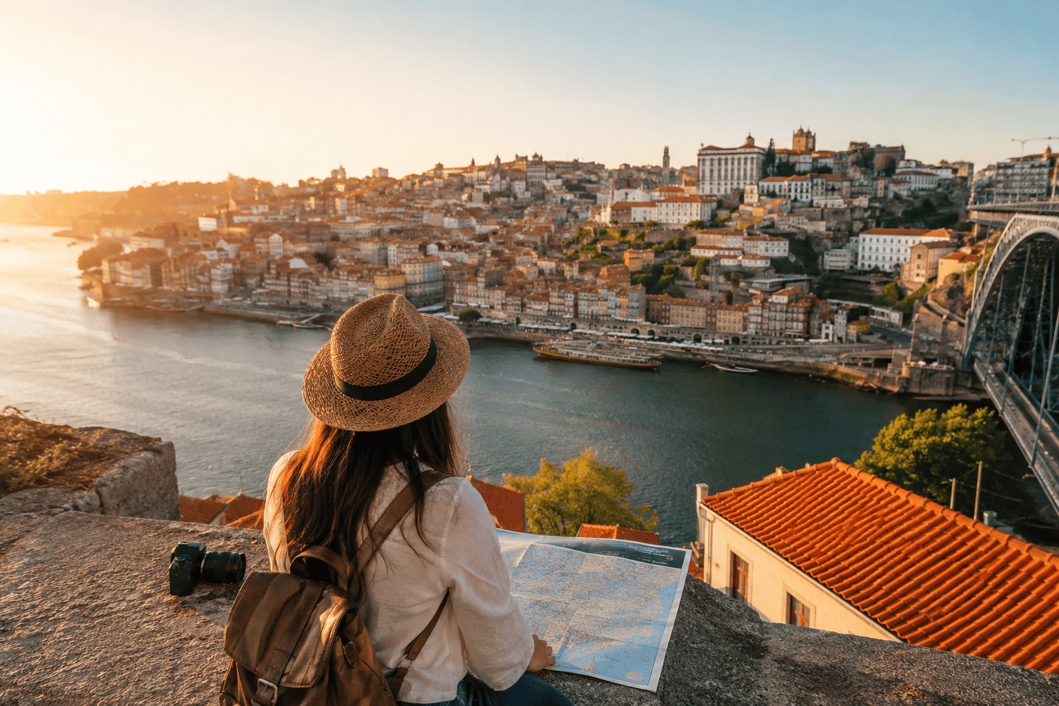 Portugal travel guide overview with coastal city at golden hour