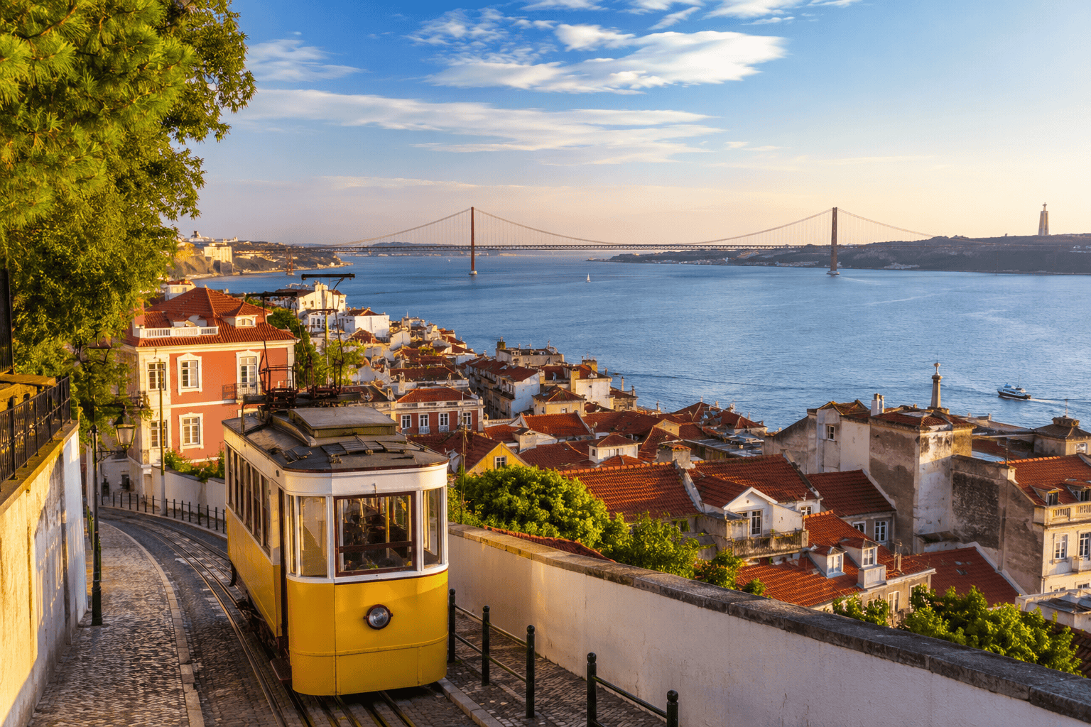 Historic Lisbon tram with waterfront views in Portugal
